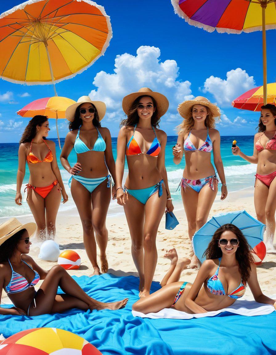 A vibrant beach scene featuring diverse models of all body types wearing the latest trendy bikinis, enjoying the sun with beach umbrellas and colorful towels. Add splashes of tropical drinks, beach balls, and seashells in the foreground. The sky is bright blue with fluffy white clouds, evoking the essence of summer festivities. super-realistic. vibrant colors. beach atmosphere.
