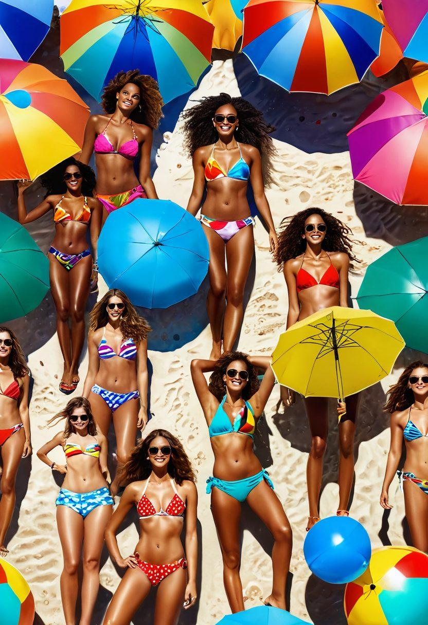 A vibrant beach scene showcasing diverse models in trendy swimwear, displaying a variety of styles and colors, playing with beach balls and relaxing under colorful umbrellas, with waves gently crashing in the background. The sun is shining bright, creating a joyful and lively atmosphere. beachwear fashion. colorful sky. super-realistic. vibrant colors.